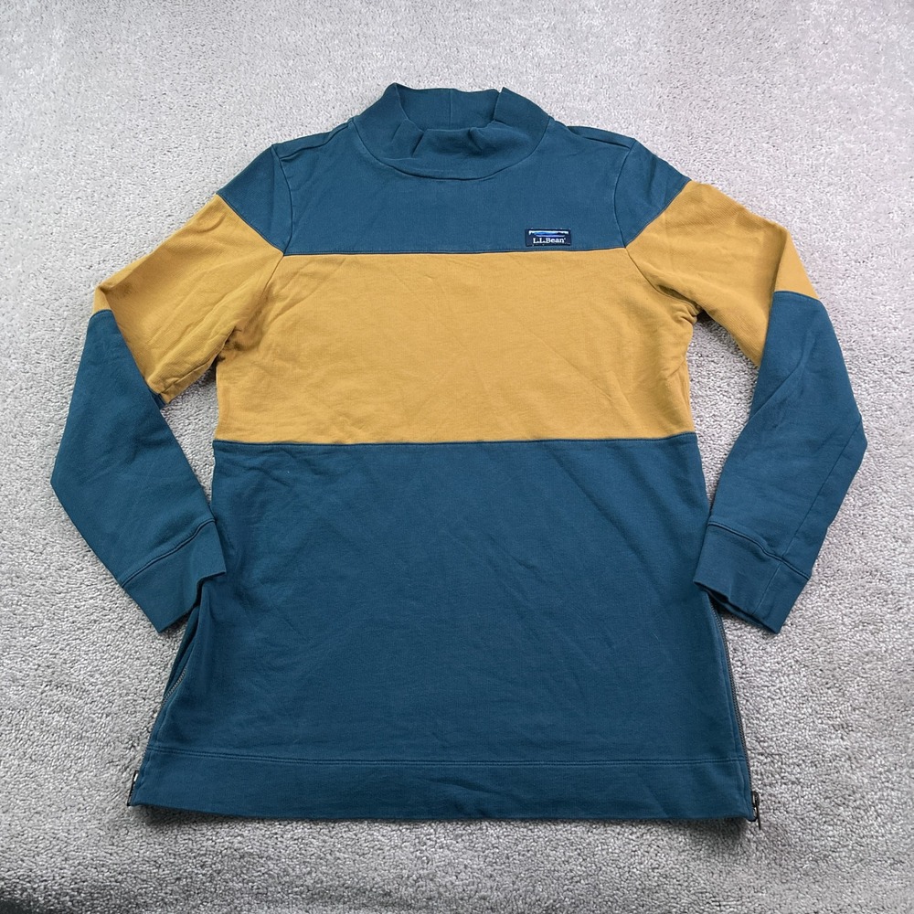 LL Bean Sweatshirt Womens Medium Green Yellow Colorblock Mock Neck Side Zip